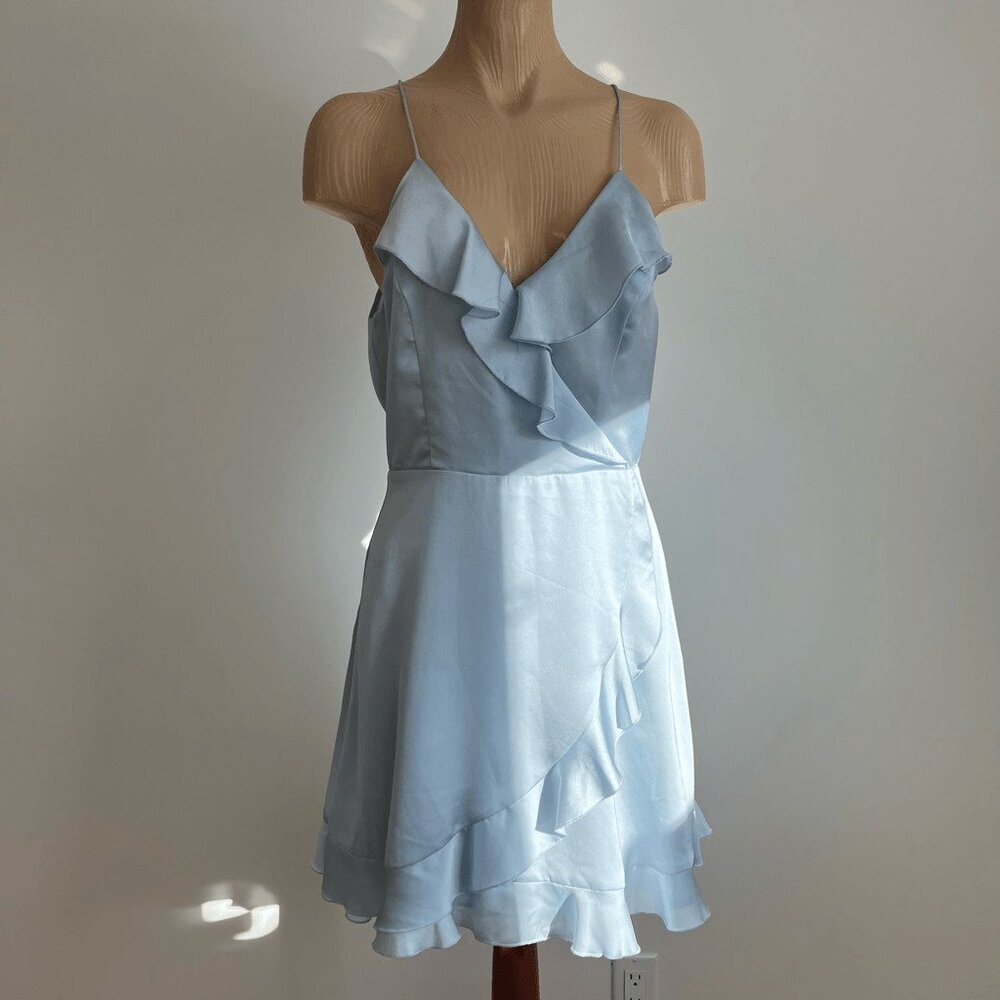Dynamite Women’s S Baby Blue Ruffle Fit Flare Mini Dress V Neck Swifty Romantic